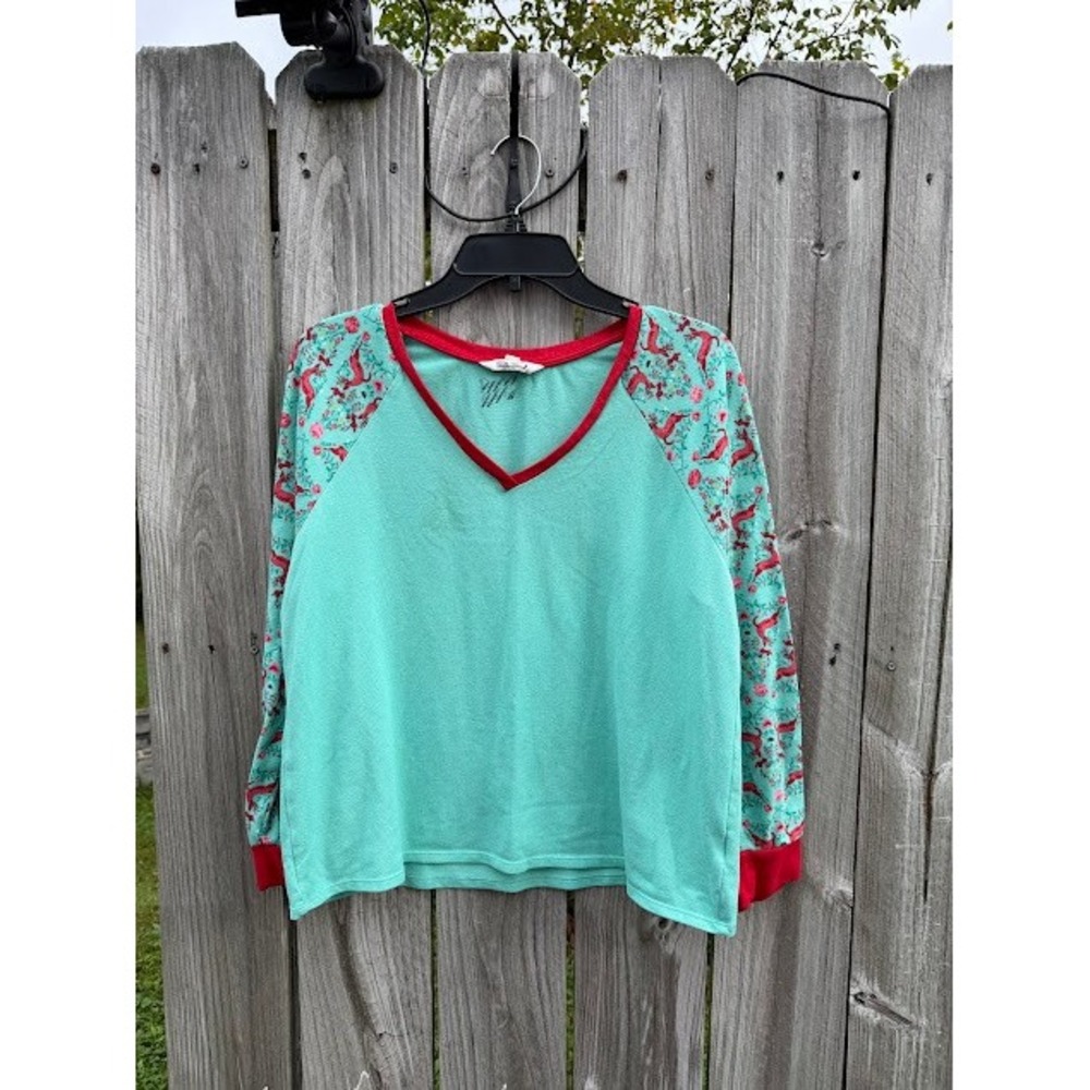 Christmas Holiday The Pioneer Woman Raglan Top Size L Mint Green Reindeer Floral